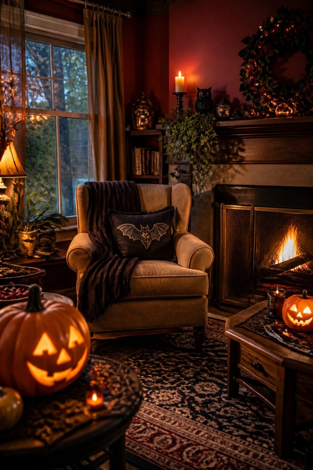 Cozy Halloween living room with carved pumpkins, lit fireplace, and bat pillow armchair