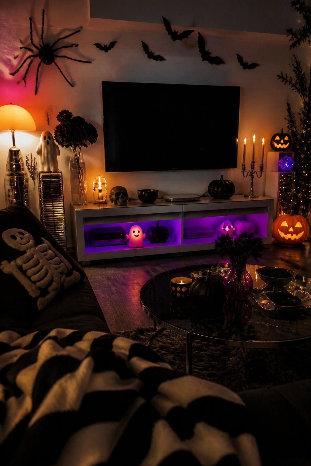 Living room television wall decorated with multiple black bat cutouts and a console below holding glowing ghost figures.