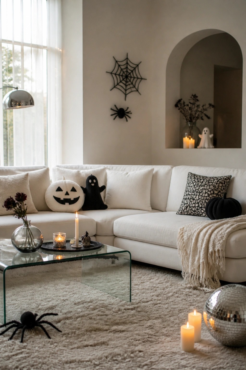 White sectional sofa in a living room with black spiderweb and spider wall decorations, jack-o'-lantern and ghost pillows, and candles on the coffee table.