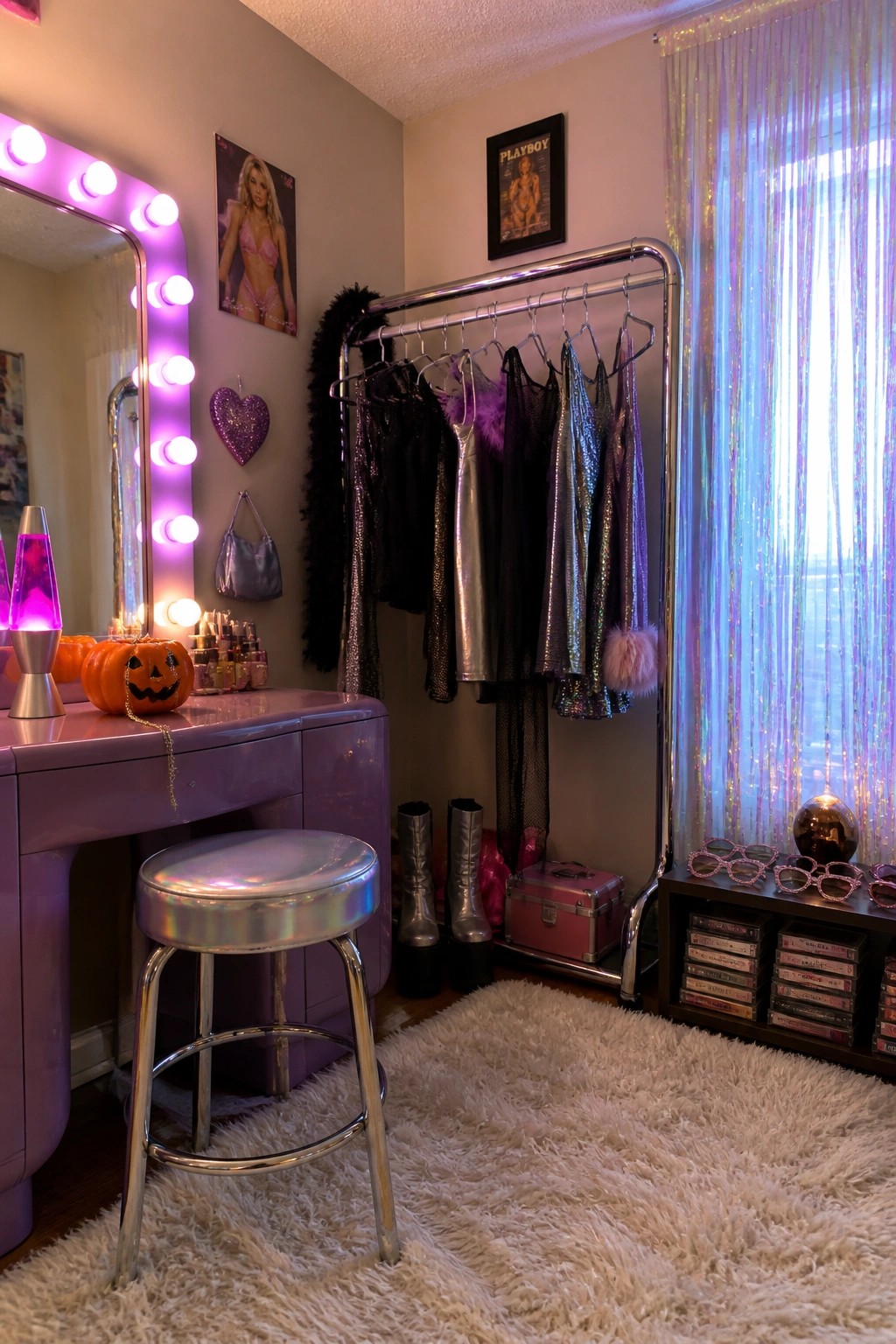 A purple vanity table with a round lighted mirror, silver stool, jack-o-lantern, and clothing rack of costumes in a room with a shaggy rug.