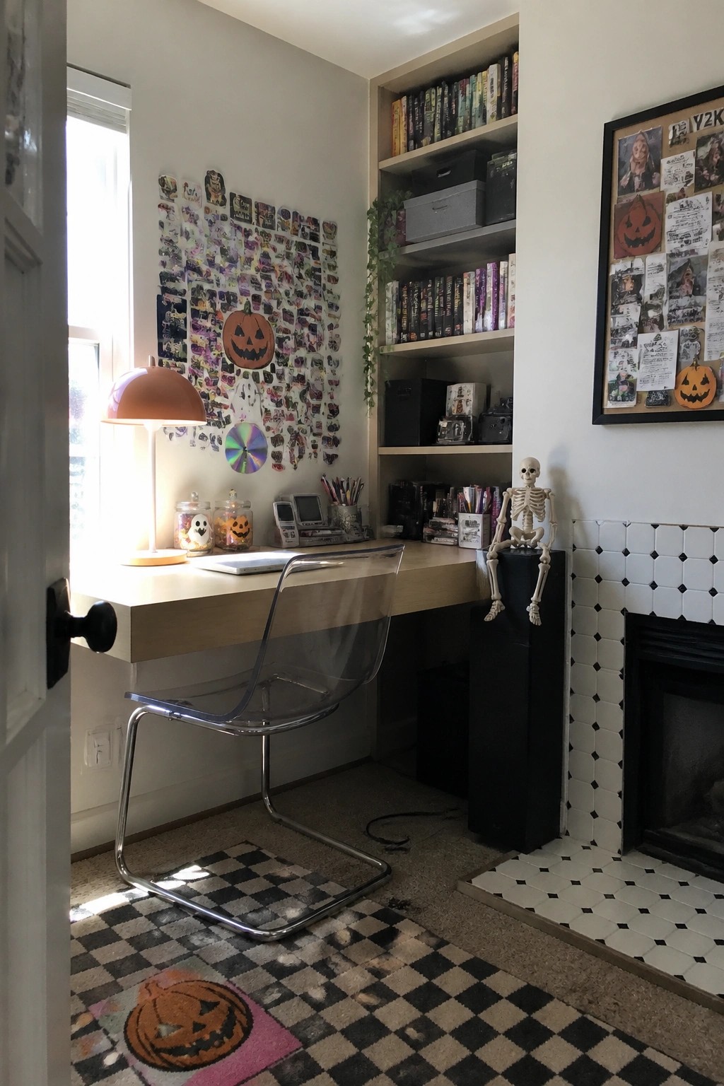 A home office with a desk, transparent chair, and a wall covered in a dense collage of Halloween stickers, plus built-in shelves and a small skeleton figure.