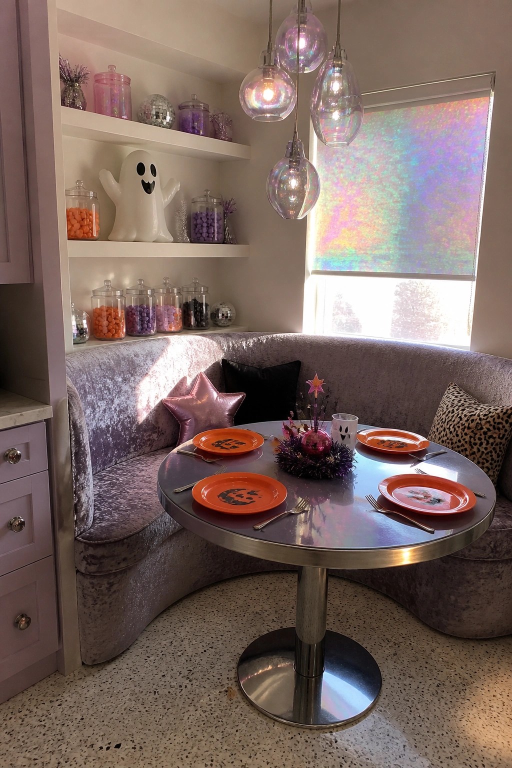 A round table with orange Halloween plates is surrounded by a curved purple velvet banquette beneath white built-in shelves filled with ghost decorations and glass jars.