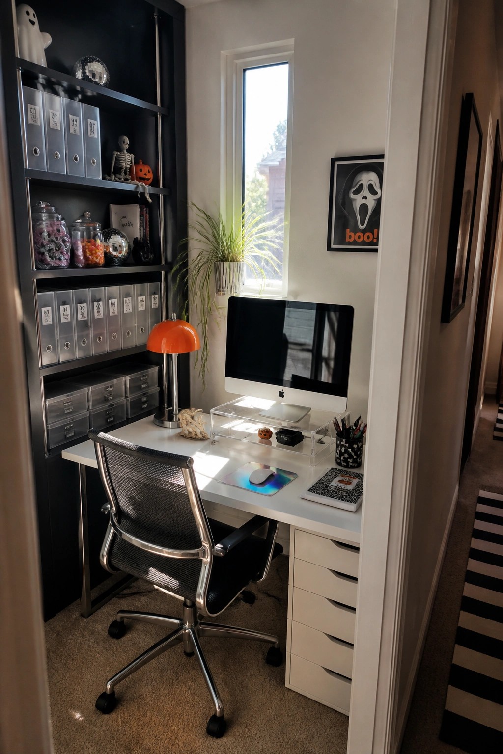 Halloween-themed office with white desk, orange lamp, black mesh chair, and spooky shelves
