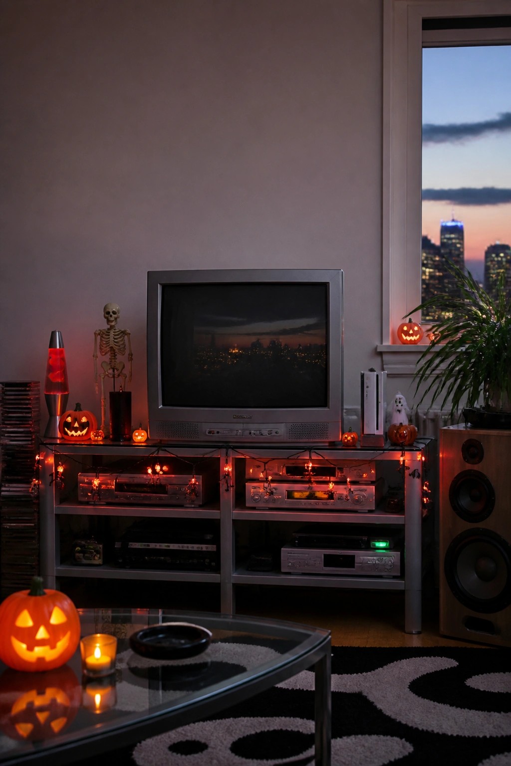 Living room media console with a silver CRT TV, string lights, jack-o'-lanterns, a small skeleton, and retro gaming consoles arranged on the shelves.