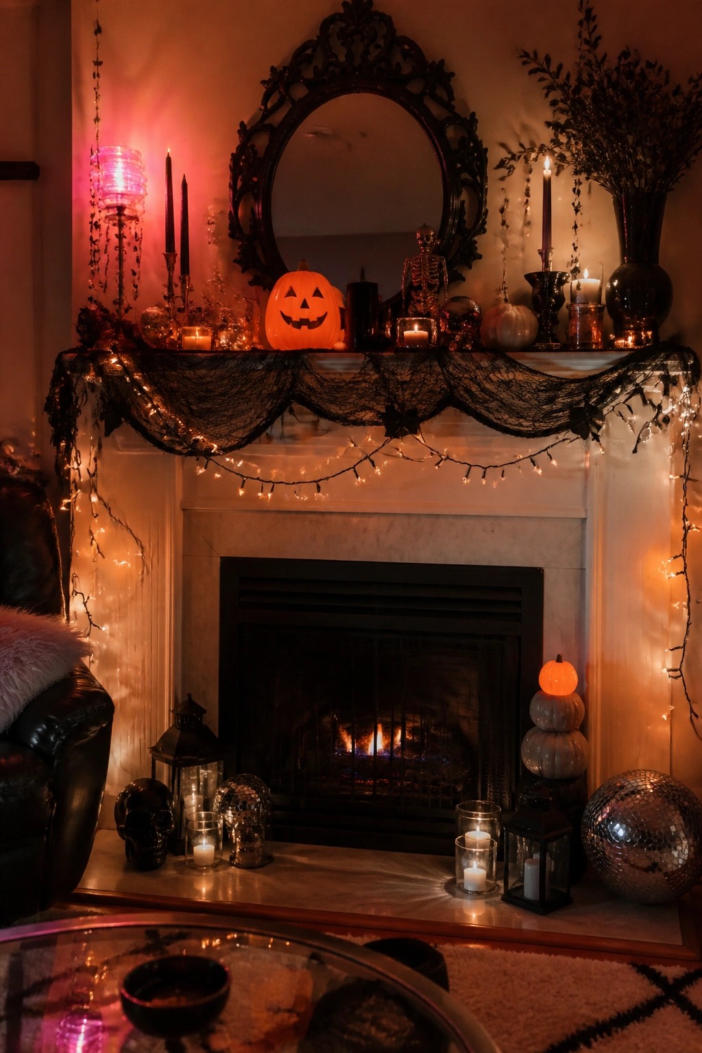 Fireplace mantel styled for Halloween with black spiderweb garland and string lights, a lit jack-o'-lantern, black candles, a small skeleton, and scattered pumpkins.