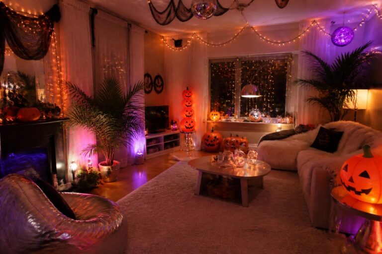 Living room coffee table arranged with multiple lit jack o lanterns and ghost figures on a pink rug.