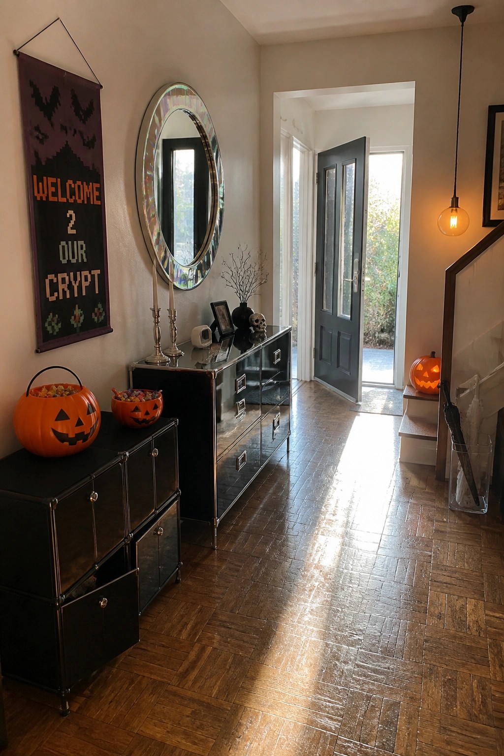A home entry hallway with wood flooring, black cabinets, a round mirror, and a large purple pixel-art Halloween banner on the wall.