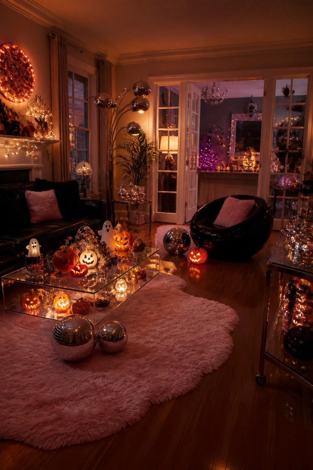 Living room coffee table arranged with multiple lit jack o lanterns and ghost figures on a pink rug.
