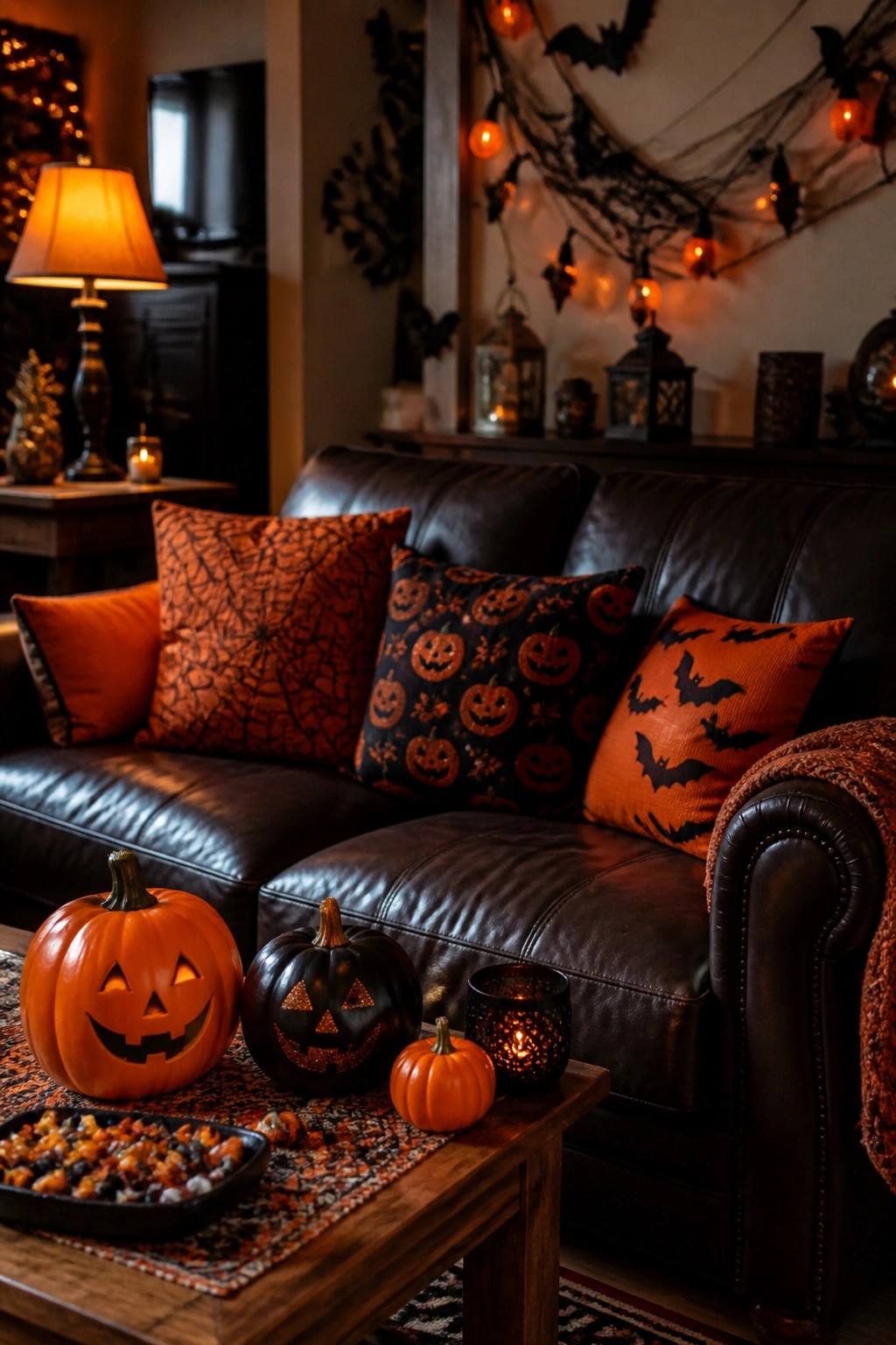 Black leather couch with Halloween pillows beside carved pumpkins and candy bowl