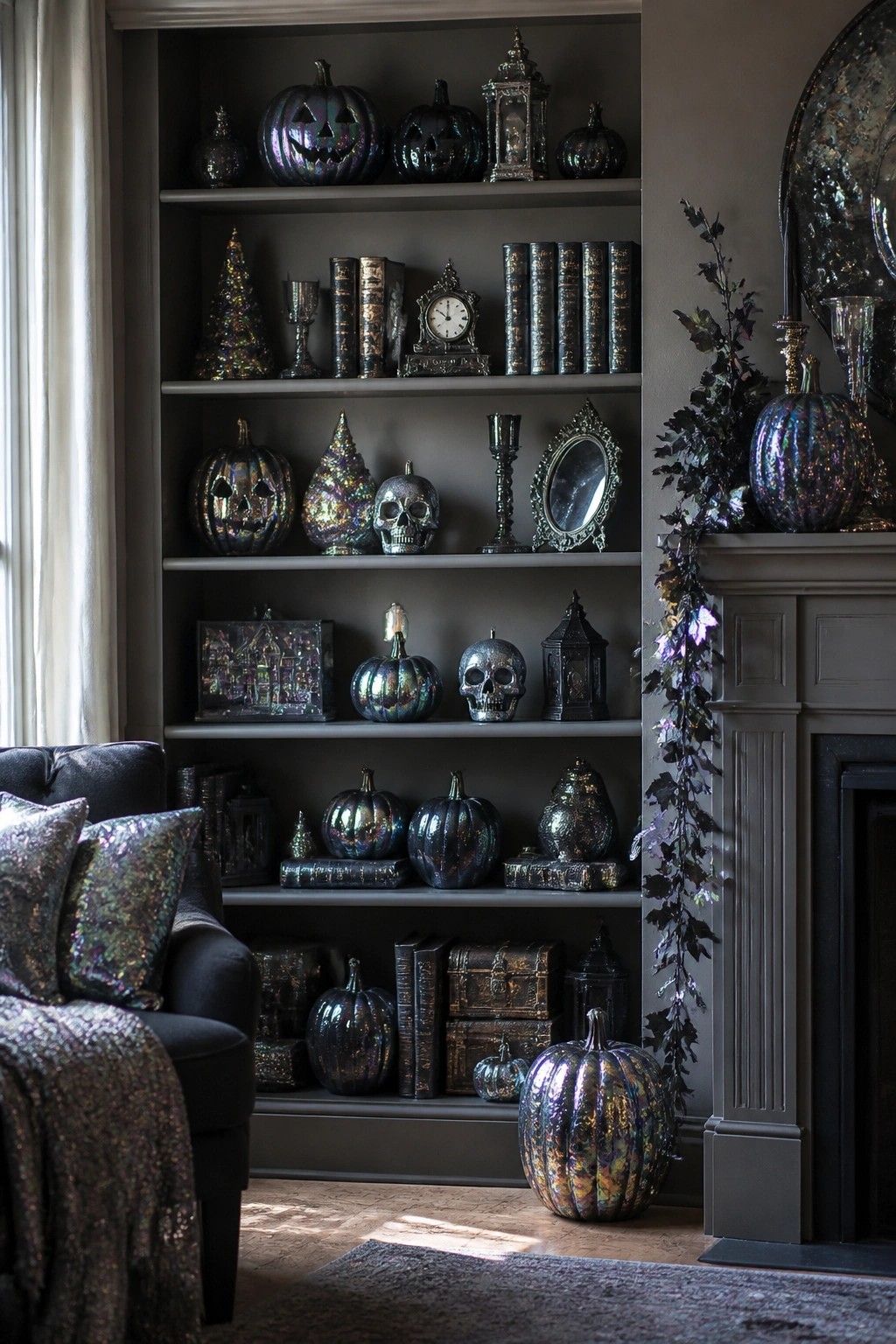 Built-in shelves filled with iridescent jack o lantern pumpkins, metallic skulls, and dark lanterns in a living room setting.