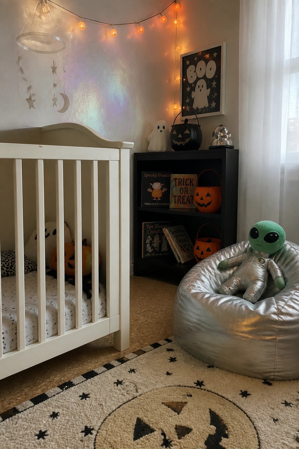 White crib in Halloween nursery with alien toy on silver beanbag and pumpkin rug.