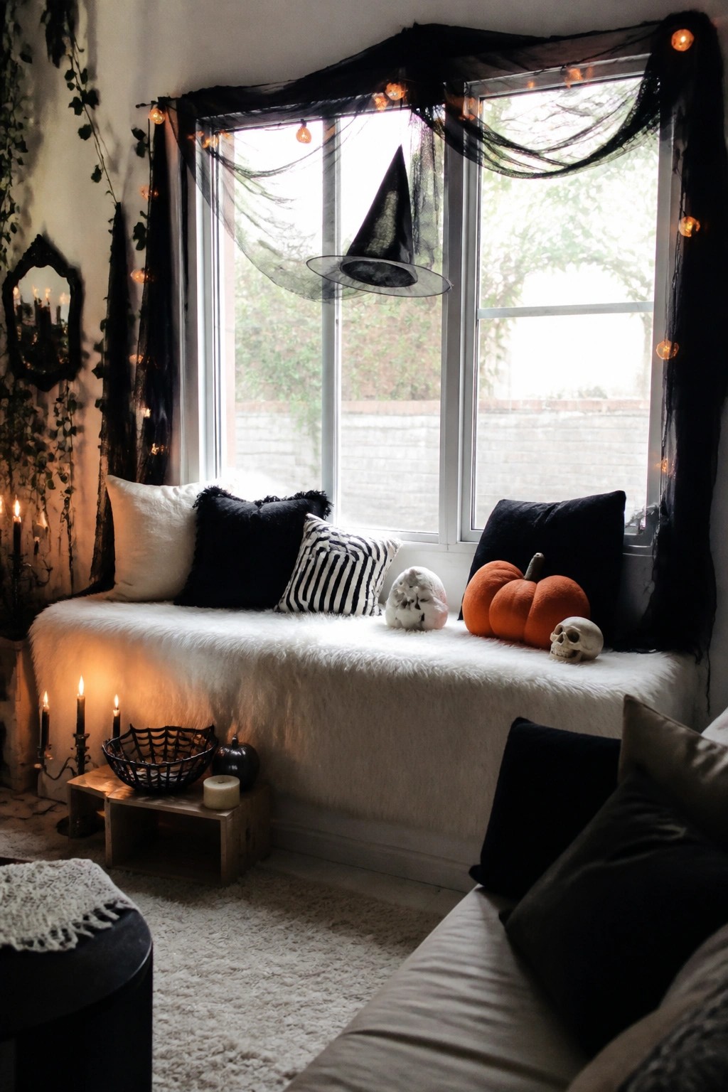 Window nook with a hanging black witch hat, draped sheer fabric, string lights, pumpkins, and skulls on a white cushioned bench.