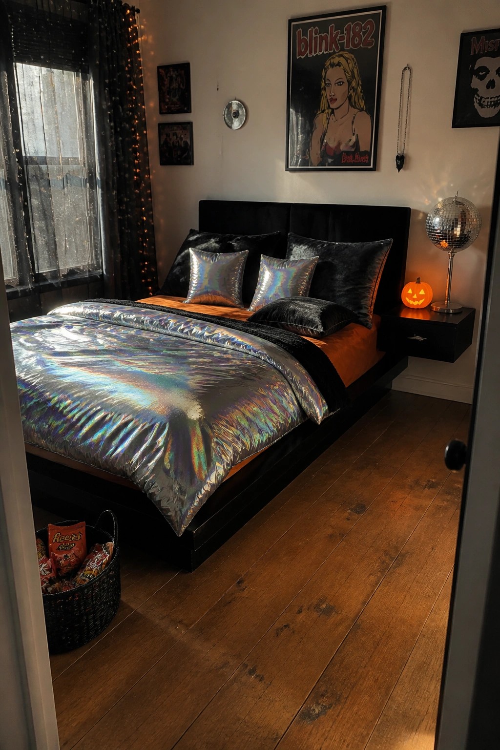 Dark bedroom with iridescent duvet, black pillows, disco ball lamp, and band posters