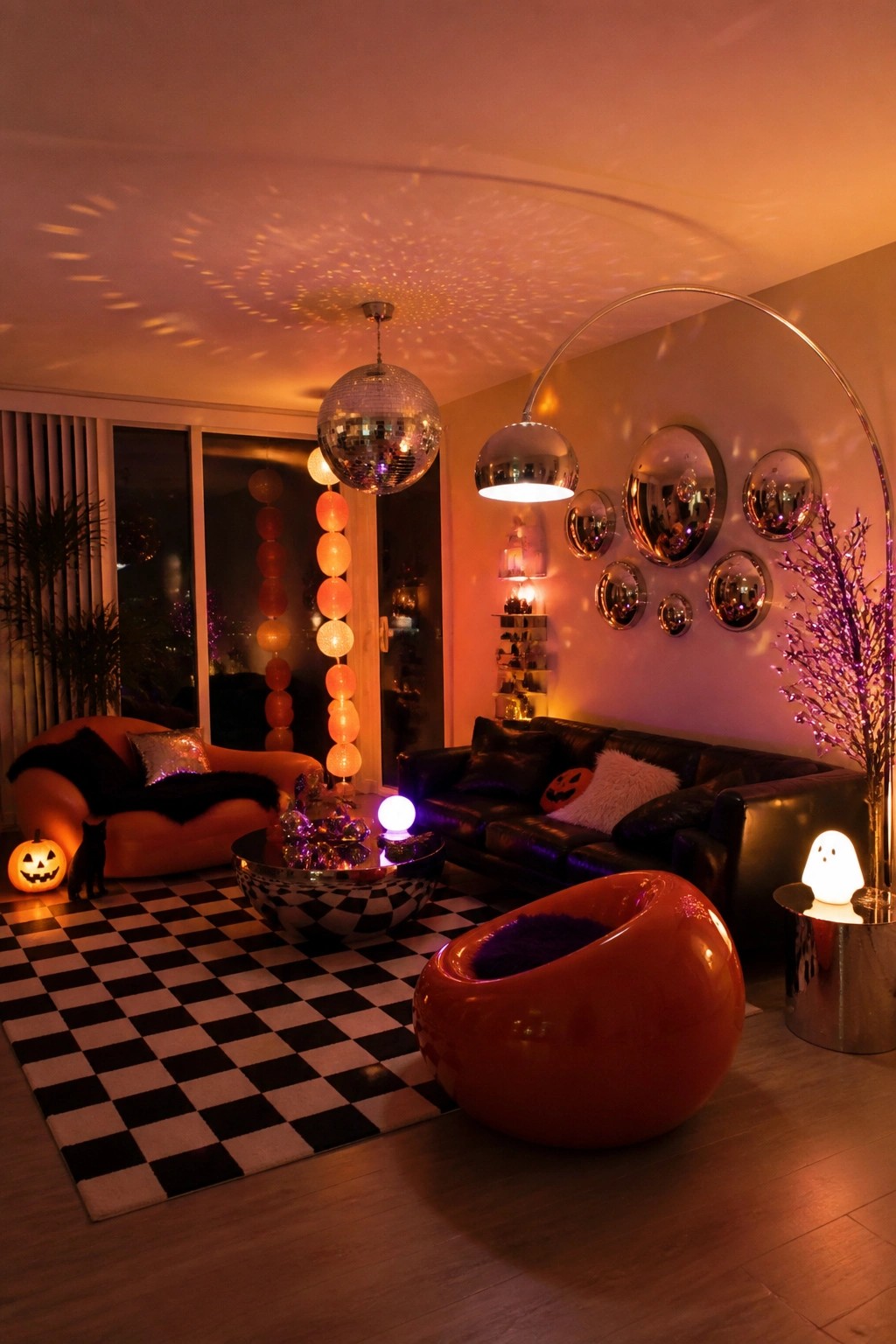 Living room decorated with multiple carved jack o lanterns placed on the floor, black sofa, and side table beside a large disco ball and orange seating.