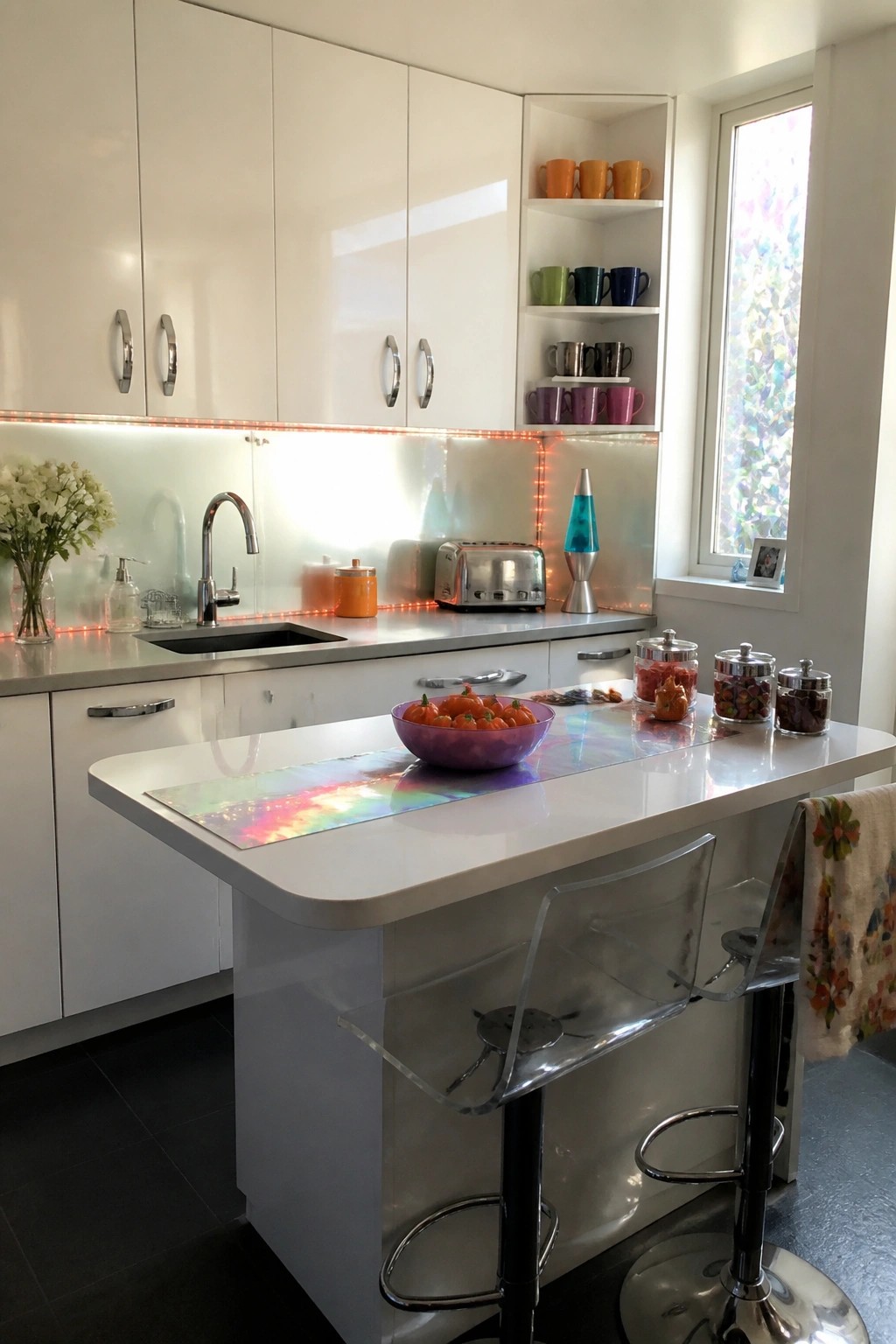 A modern white kitchen with an island, colorful string lights glowing along the backsplash, a lava lamp on the counter, and clear bar stools.