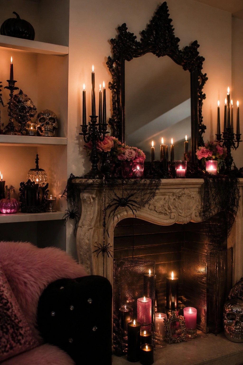 A white fireplace mantel styled for Halloween with multiple black candelabras, spiderwebs, plastic spiders, and dark floral arrangements.