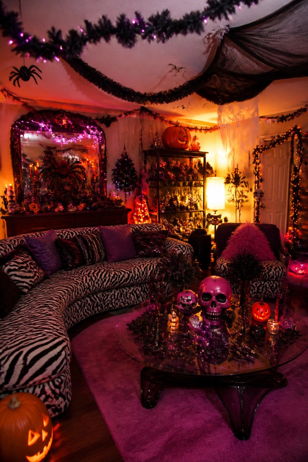 Living room coffee table with a large pink skull, small jack-o-lanterns, and purple glitter accents on a glass surface.