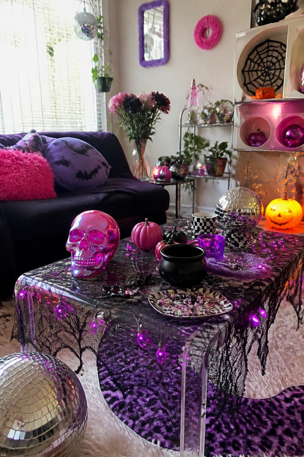 Living room coffee table styled with a large metallic pink skull, small pumpkins, disco balls, purple string lights, and black lace overlay.