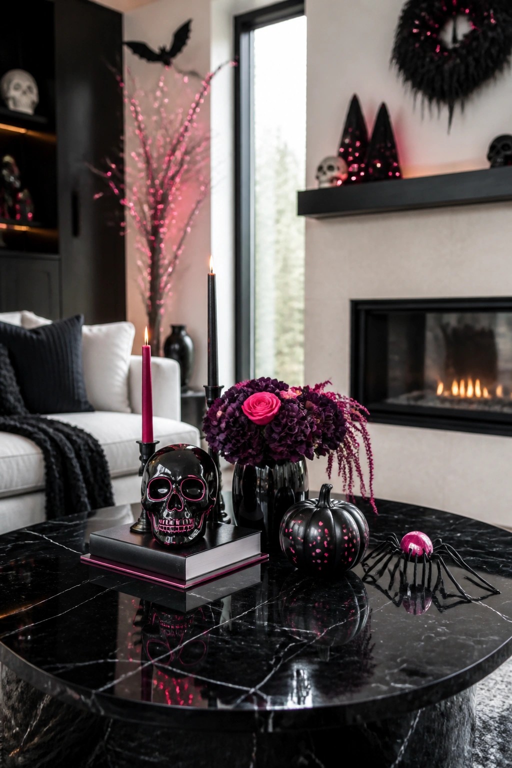 Black and pink Halloween decor on marble table with skull, pumpkin, spider, and flowers