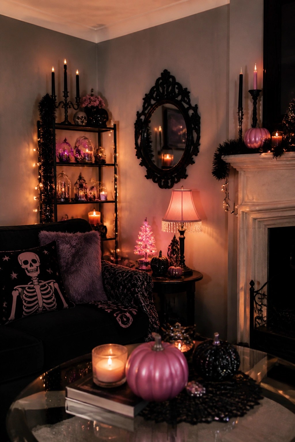 Gothic living room with black sofa, skeleton pillow, pink pumpkins, and glowing candles