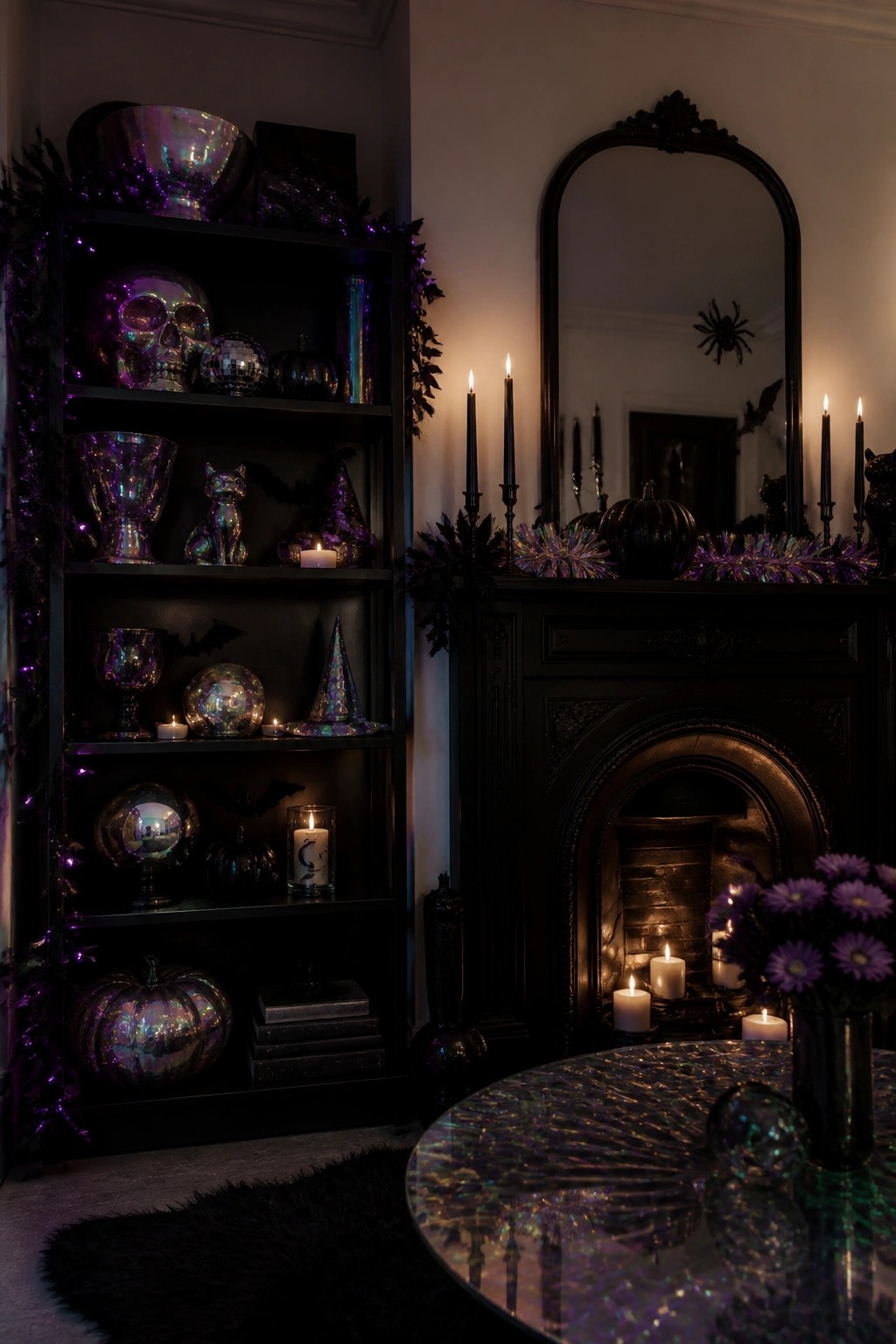 Dark living room with a black fireplace mantel decorated with black candles, metallic pumpkins, bats, and spiders around an ornate mirror, plus a nearby bookshelf filled with iridescent skulls and Halloween accents.