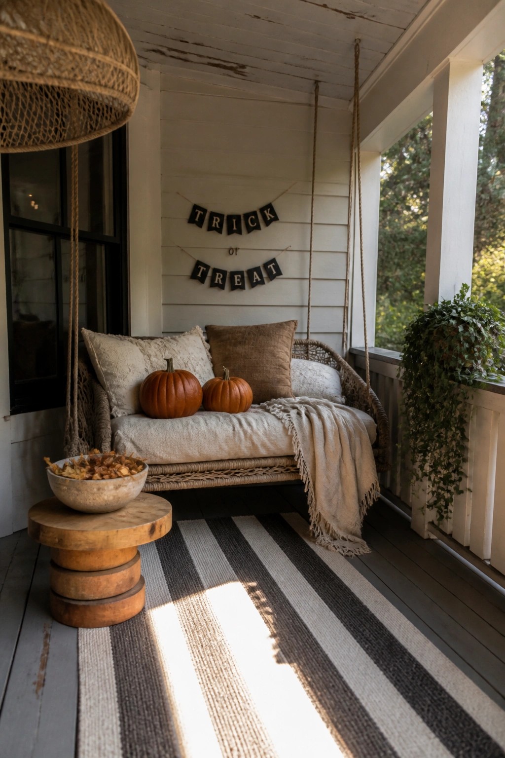 A wicker porch swing with neutral pillows and two small pumpkins sits on a striped rug beneath a trick or treat banner on a wooden porch.