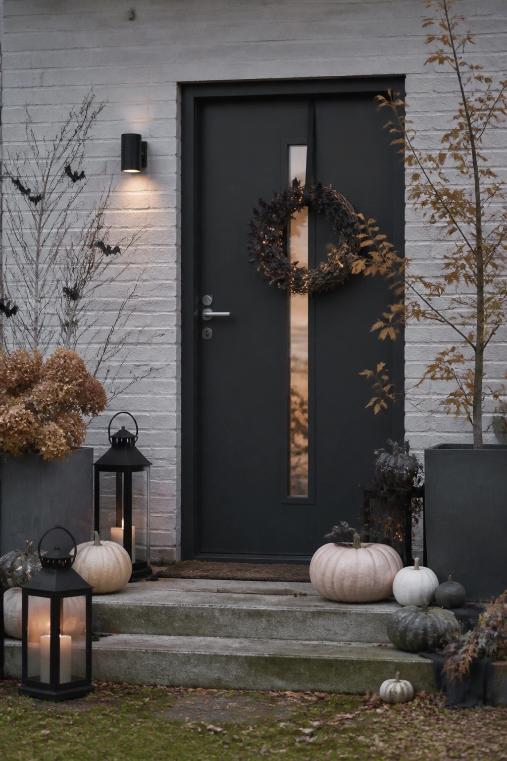 Black door with lit wreath, white pumpkins and glowing lanterns on steps