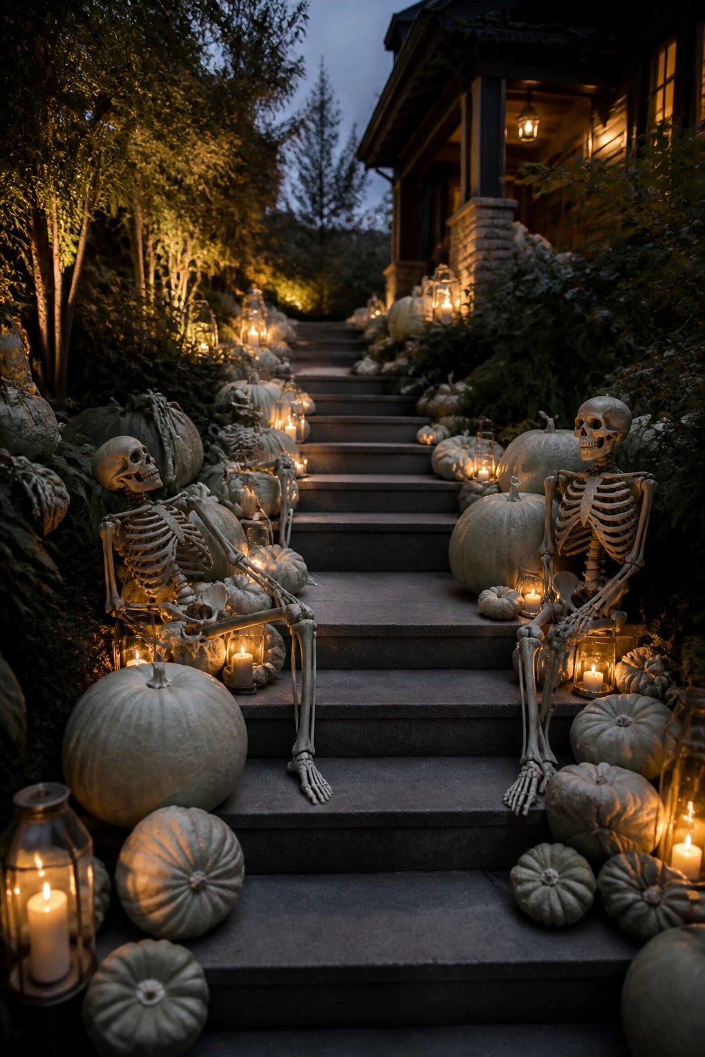 Outdoor stone staircase decorated with seated skeletons, white pumpkins, and glowing lanterns along the steps.