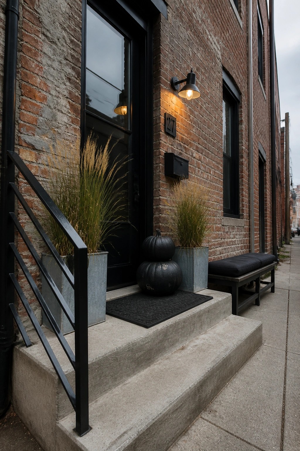A brick house entrance with concrete steps, a black door, two stacked black pumpkins on a doormat, and tall ornamental grass in metal planters flanking the doorway.