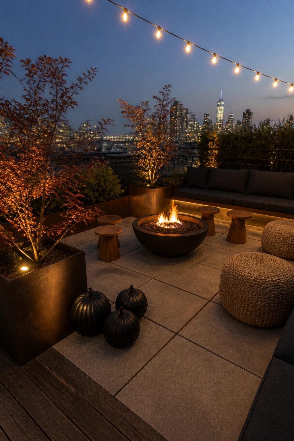 A rooftop terrace at dusk shows a round fire pit with flames, wooden stools, woven ottomans, dark seating, string lights, and several black pumpkins placed beside metal planters.