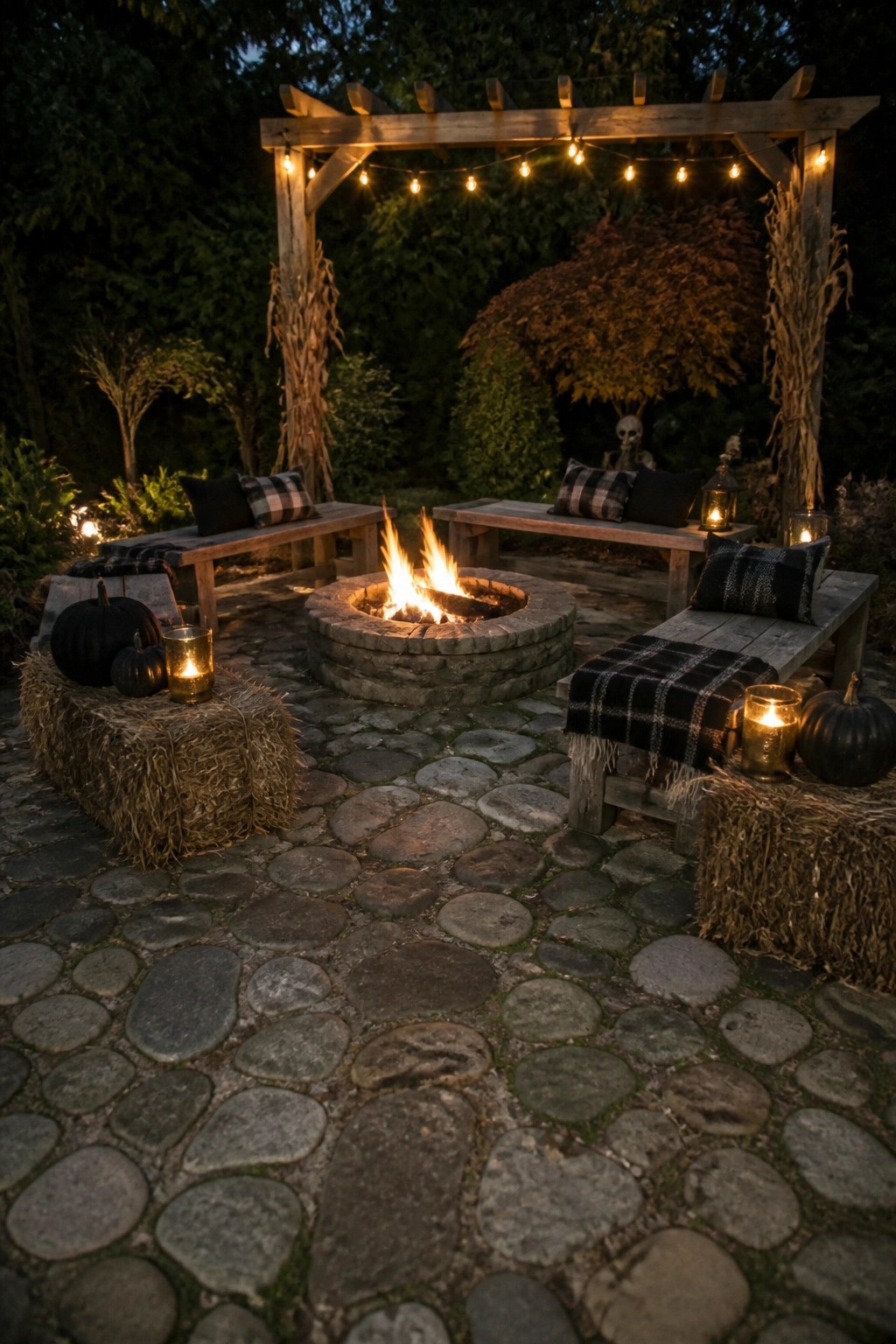 A circular stone fire pit with active flames sits at the center of a cobblestone patio, surrounded by wooden benches, hay bales, pumpkins, and string lights on a pergola.