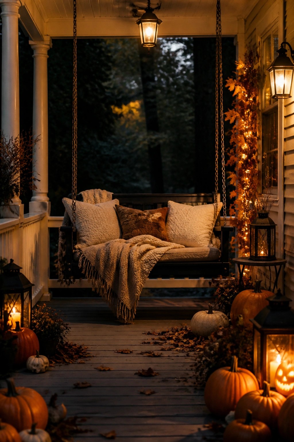 Cozy porch swing with pillows and blanket amid glowing lanterns and autumn pumpkins at dusk.