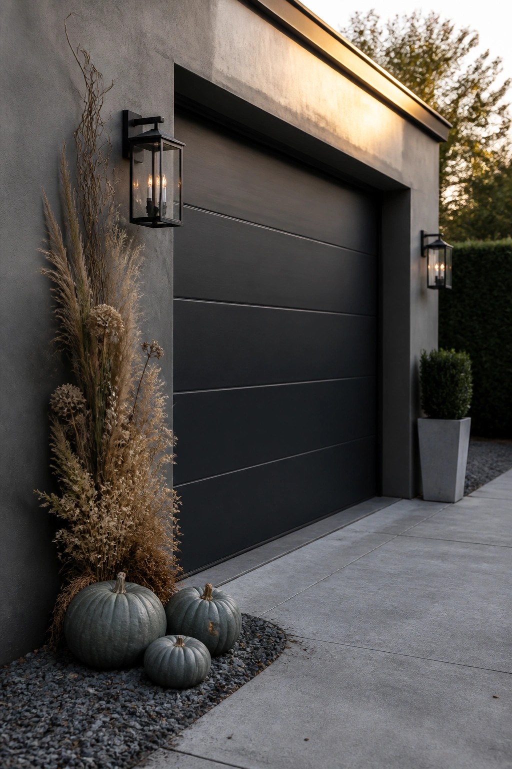 A modern dark garage door on a gray stucco house with black wall lanterns, tall dried grasses, and three blue-gray pumpkins placed on gravel at the corner.