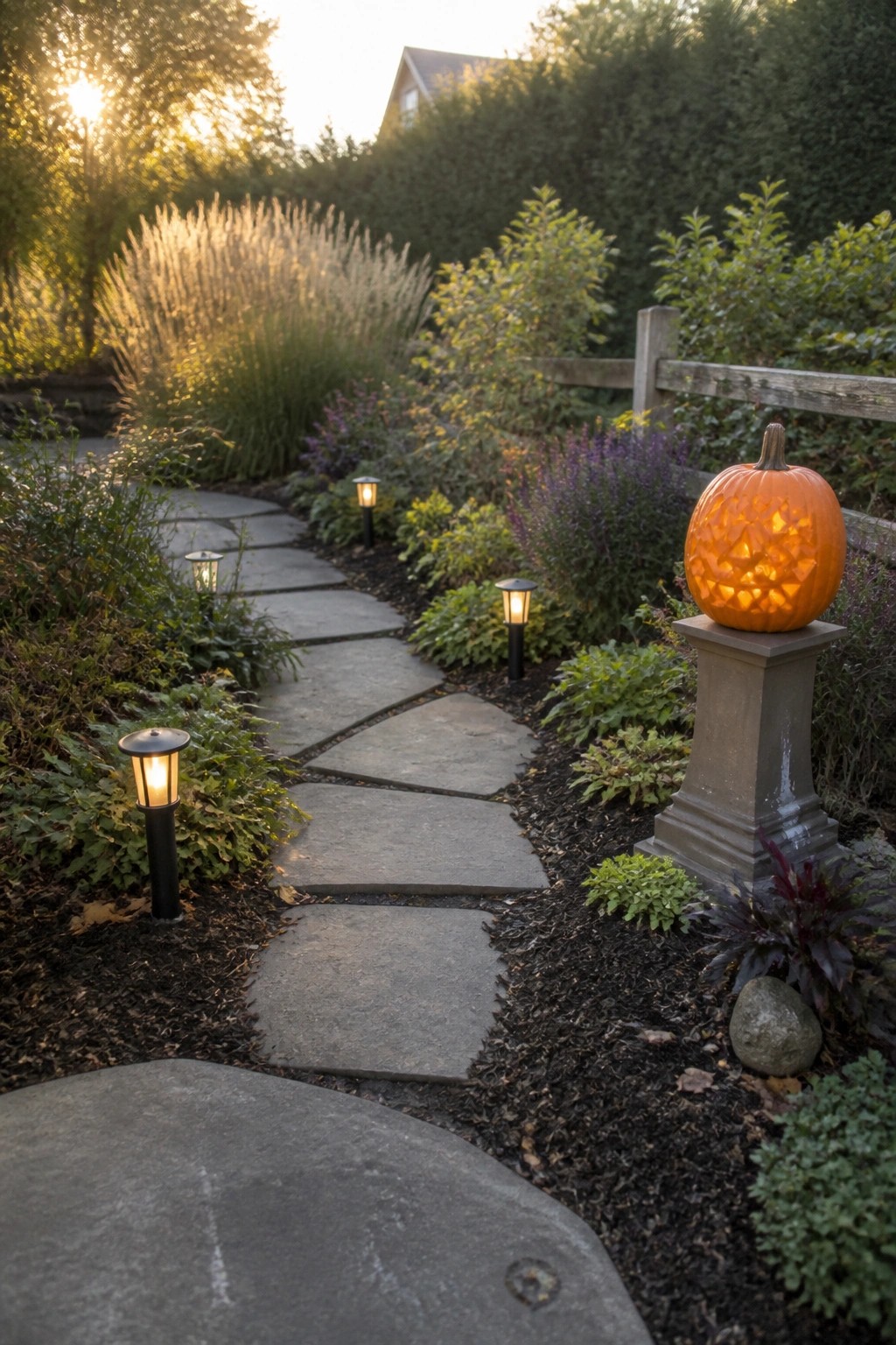 Winding stone garden path with solar lights and glowing carved pumpkin on pedestal at dusk