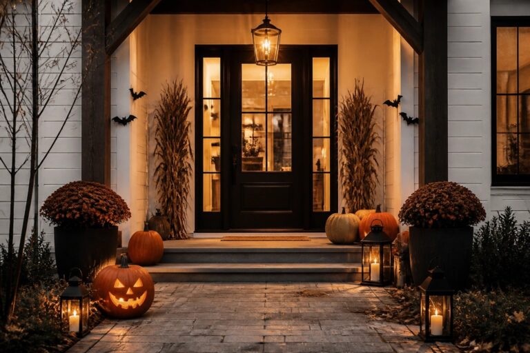 Stone pathway to porch with glowing jack-o'-lanterns, pumpkins, and candle lanterns at night