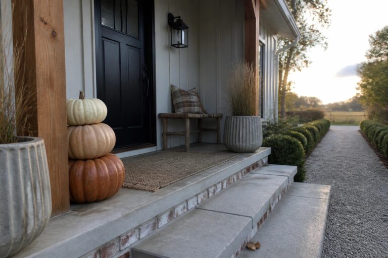 Black door on white porch with stacked pumpkins on bench, potted plants, and wooden post
