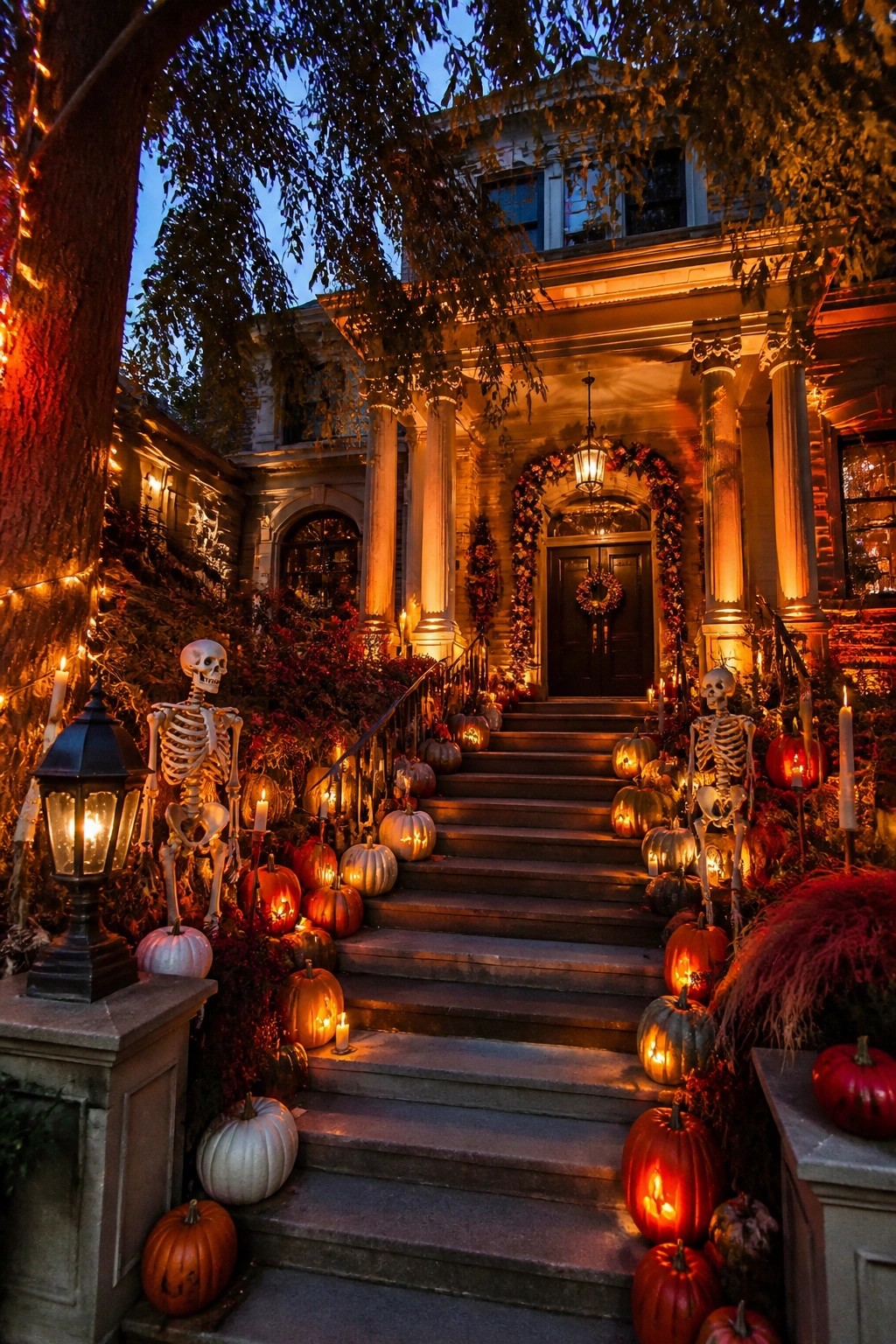 Grand house entrance at dusk with two upright skeletons flanking the stairs, surrounded by carved lit pumpkins and candles.