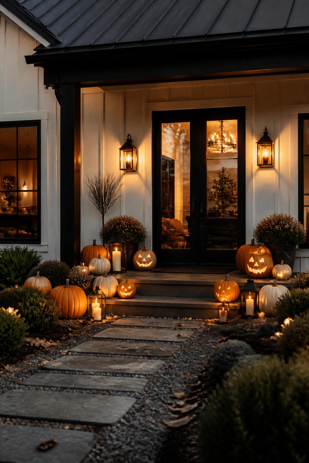 Stone pathway to porch with glowing jack-o'-lanterns, pumpkins, and candle lanterns at night