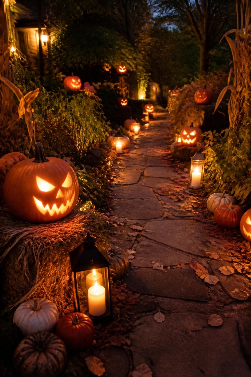 Stone garden path lined with carved and lit jack o lanterns of various sizes along with a few glass lanterns at dusk.