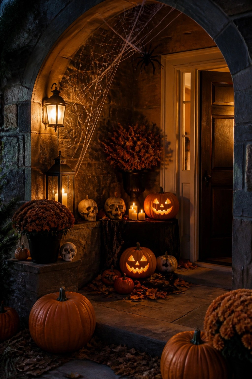 Stone arch entry decorated with multiple carved and lit jack o' lanterns, skulls, and spiderwebs beside a dark wooden door.