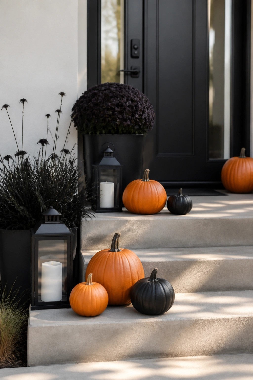 Concrete steps leading to a black front door decorated with orange and black pumpkins and black lanterns.
