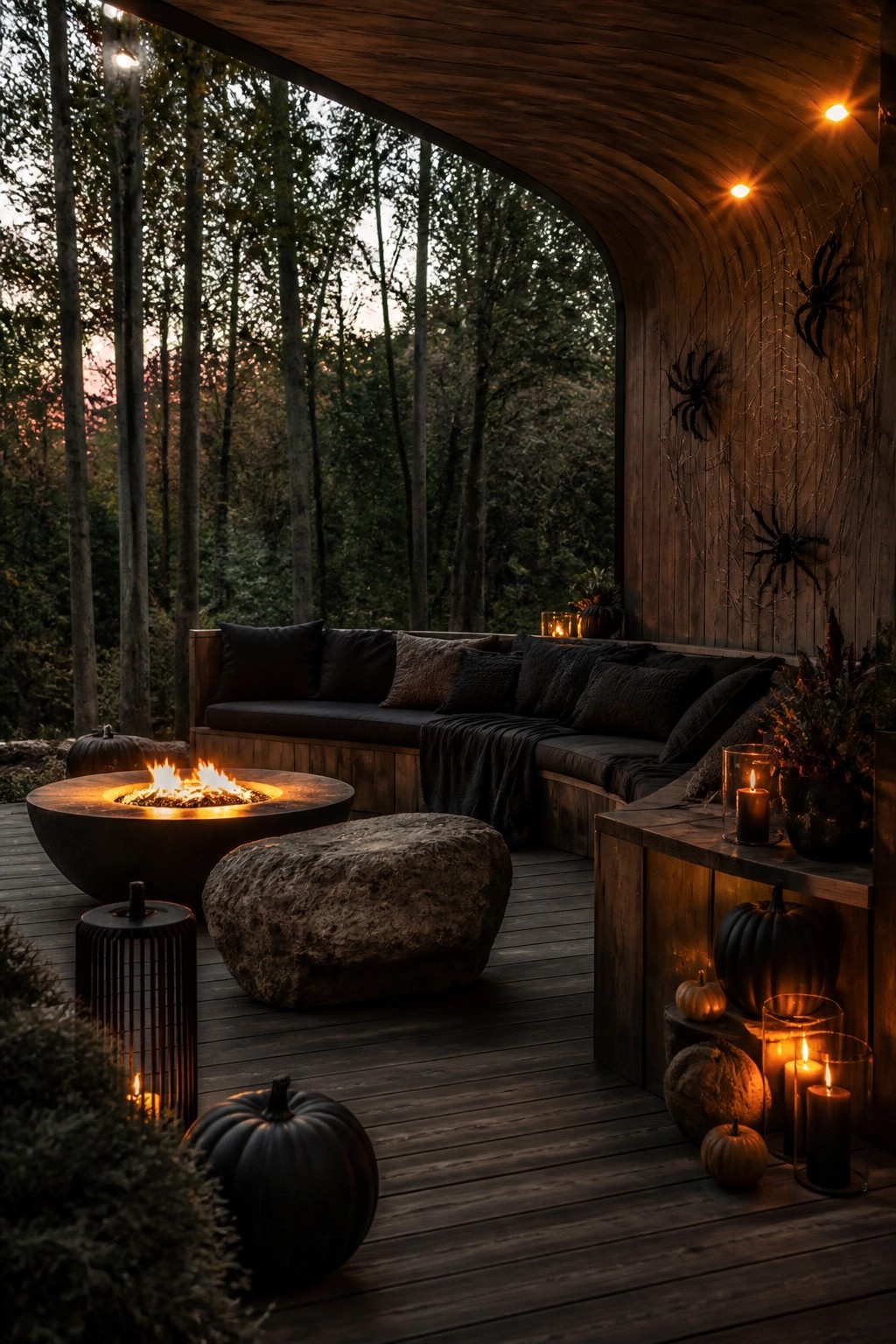 Covered wooden porch with spiderwebs and large black spiders on the wall, surrounded by pumpkins, candles, and a fire pit overlooking trees.