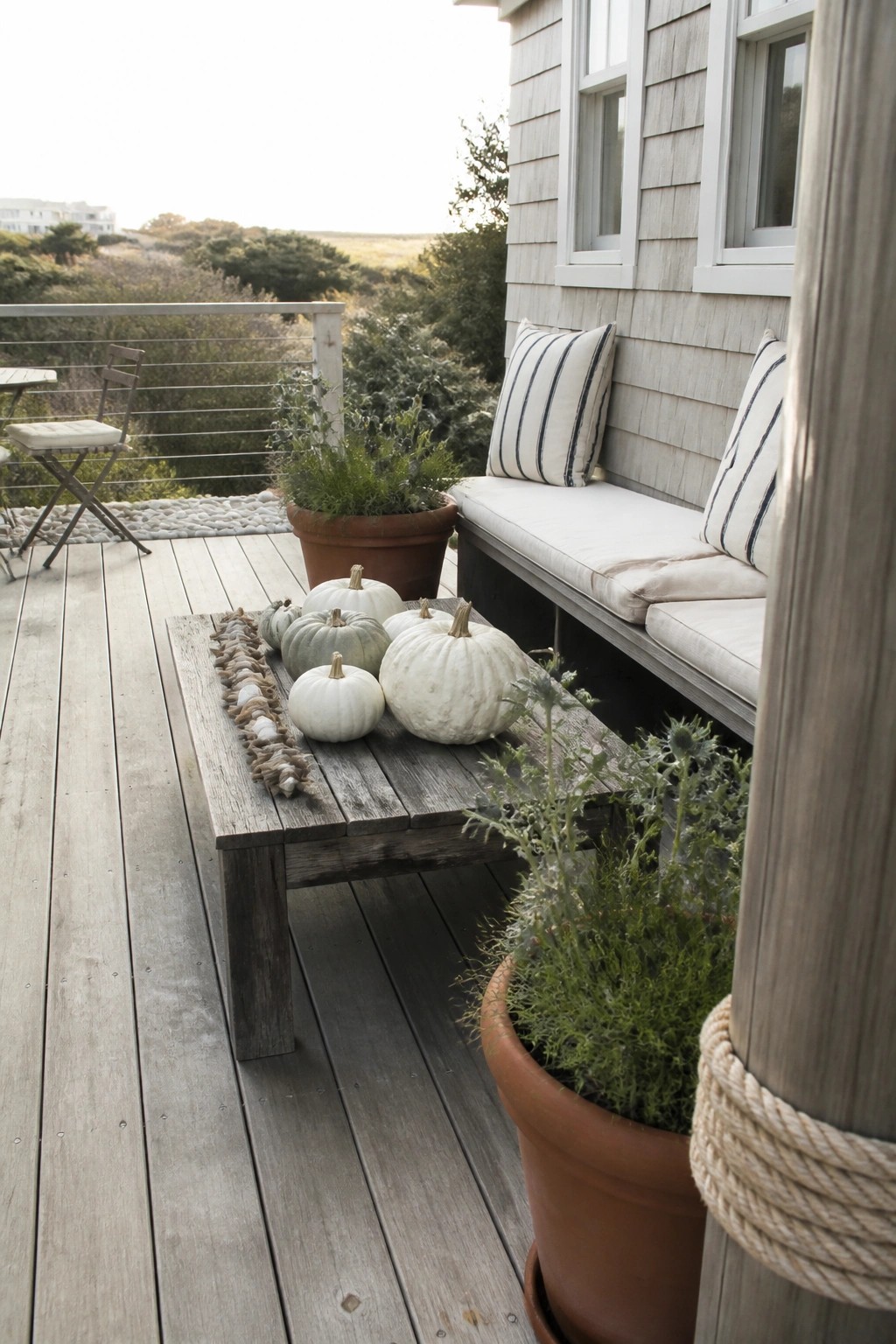 A wooden deck table holds several white pumpkins next to potted plants and a built-in bench with striped cushions.