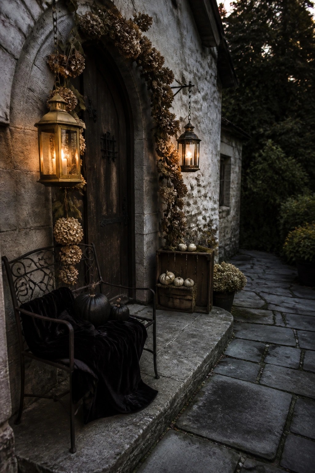 A stone house entry with a dark wooden door, two lit metal lanterns, dried hydrangea garlands, and a metal chair with black pumpkins on the step beside a wooden crate.