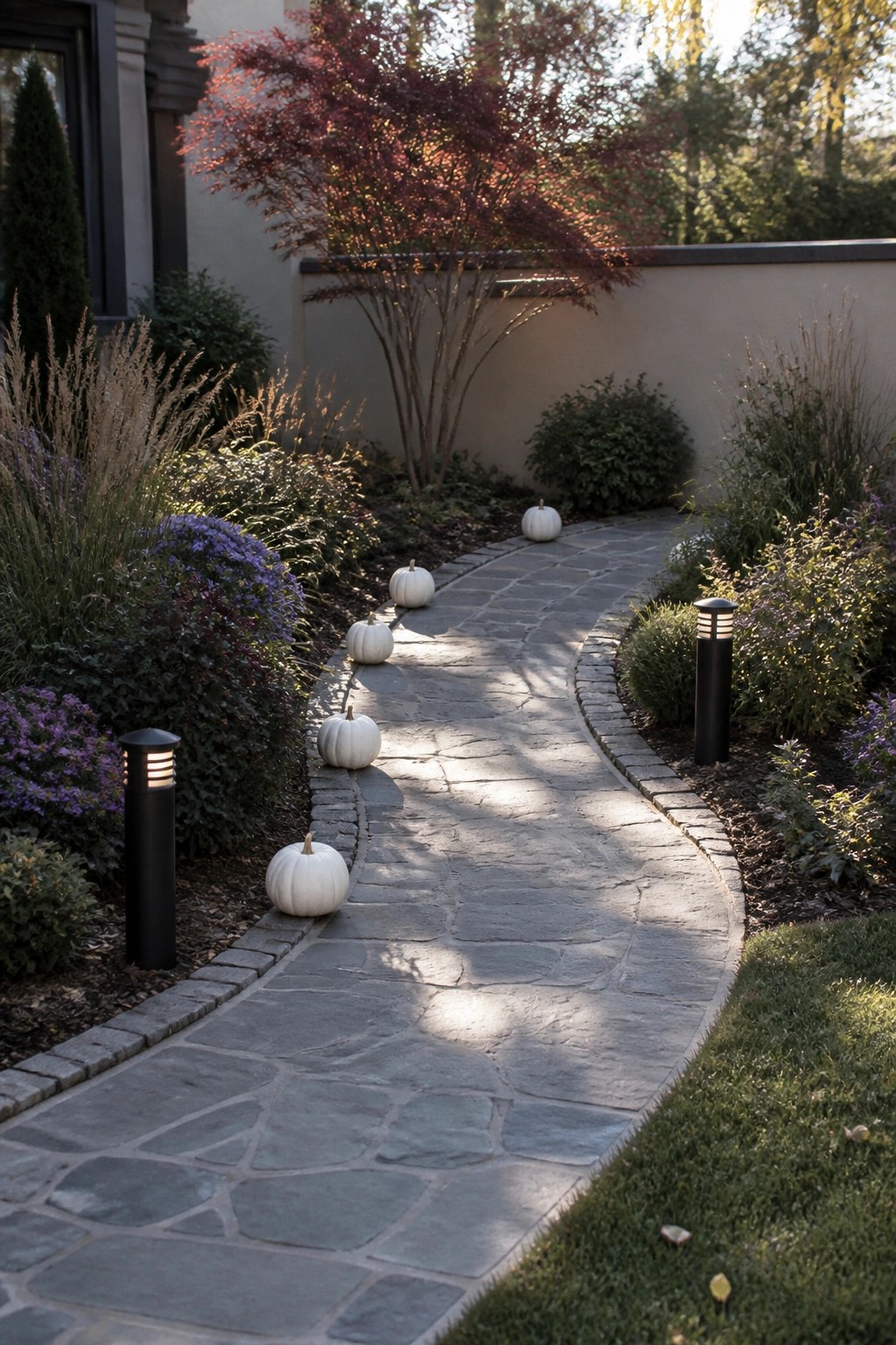 A winding stone path bordered by shrubs and grasses, with several small white pumpkins placed along the edge and black pathway lights nearby.