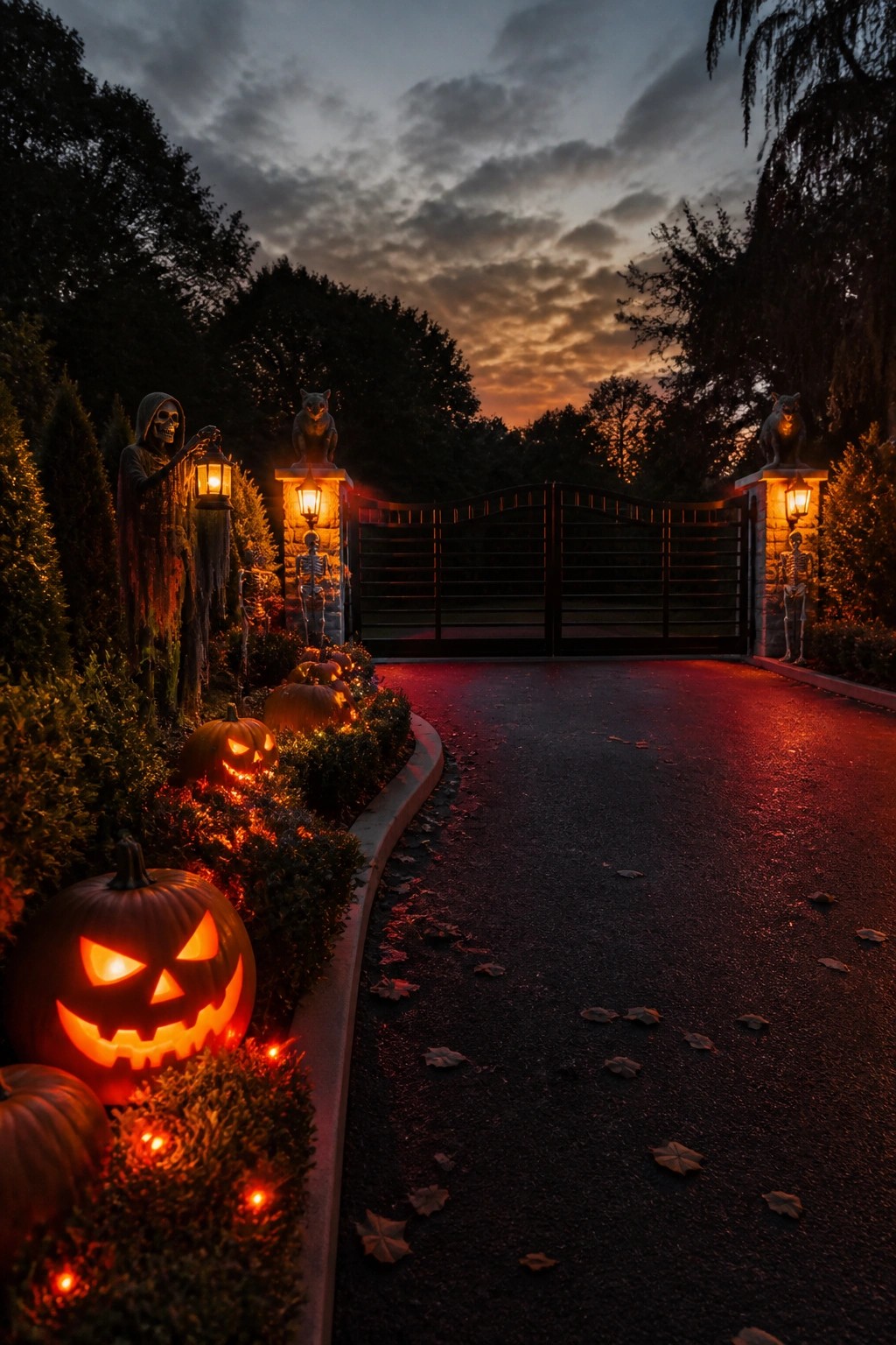 Outdoor walkway lined with glowing carved jack-o'-lanterns leading to a black gate flanked by stone pillars with skeleton figures and lanterns.
