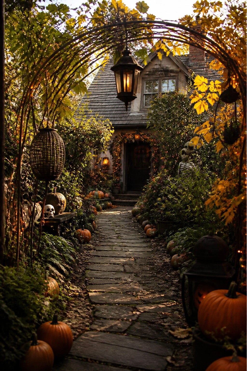 Stone walkway lined with pumpkins, skulls, and a standing skeleton leading to a house under an arched branch structure.