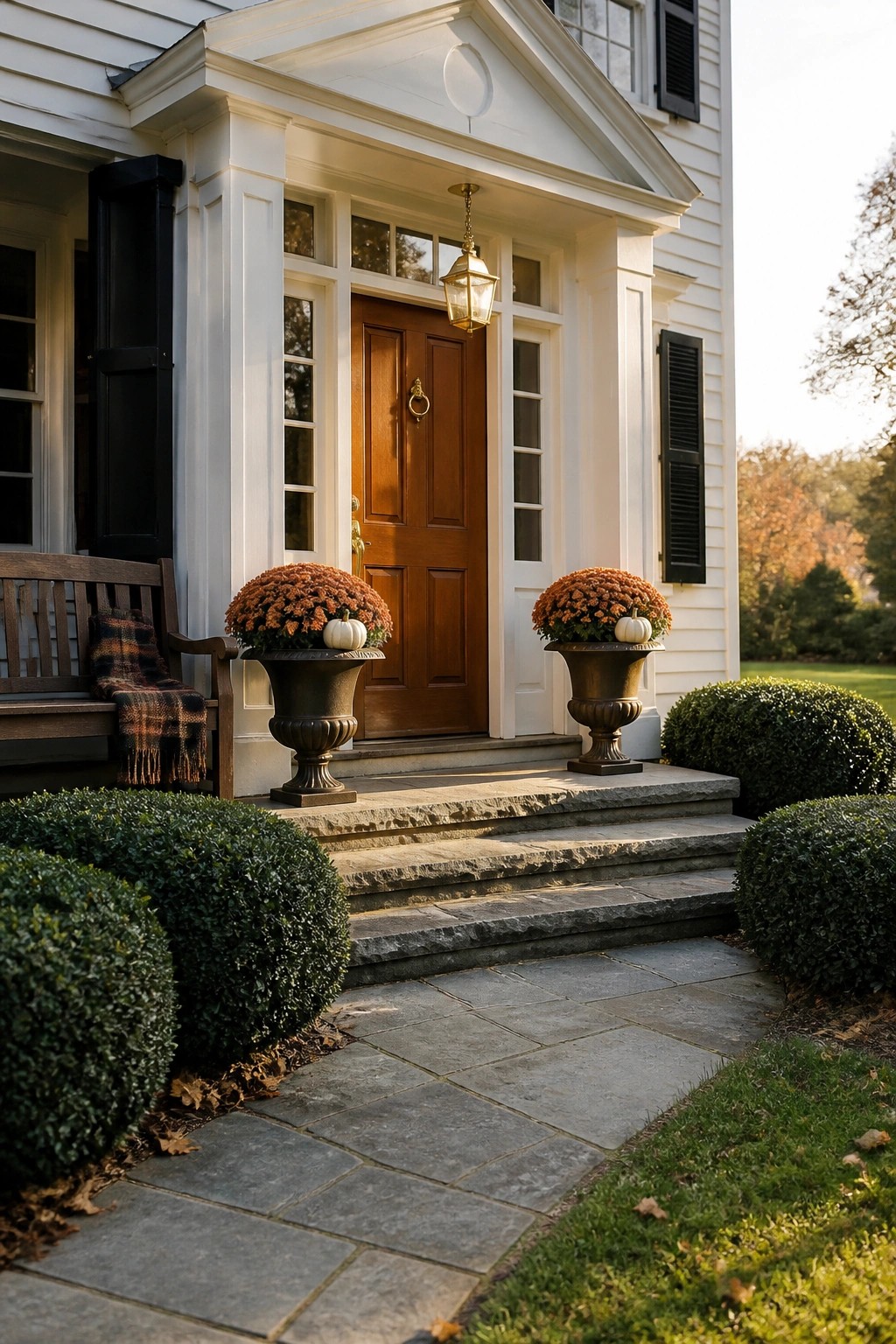 White house porch with brown door, orange mum urns on stone steps in autumn.