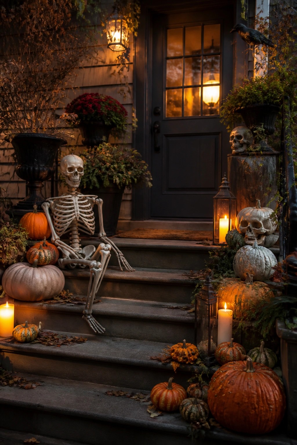 Front porch steps decorated with a seated skeleton, white and orange pumpkins, skulls, and lit lanterns around a dark front door.