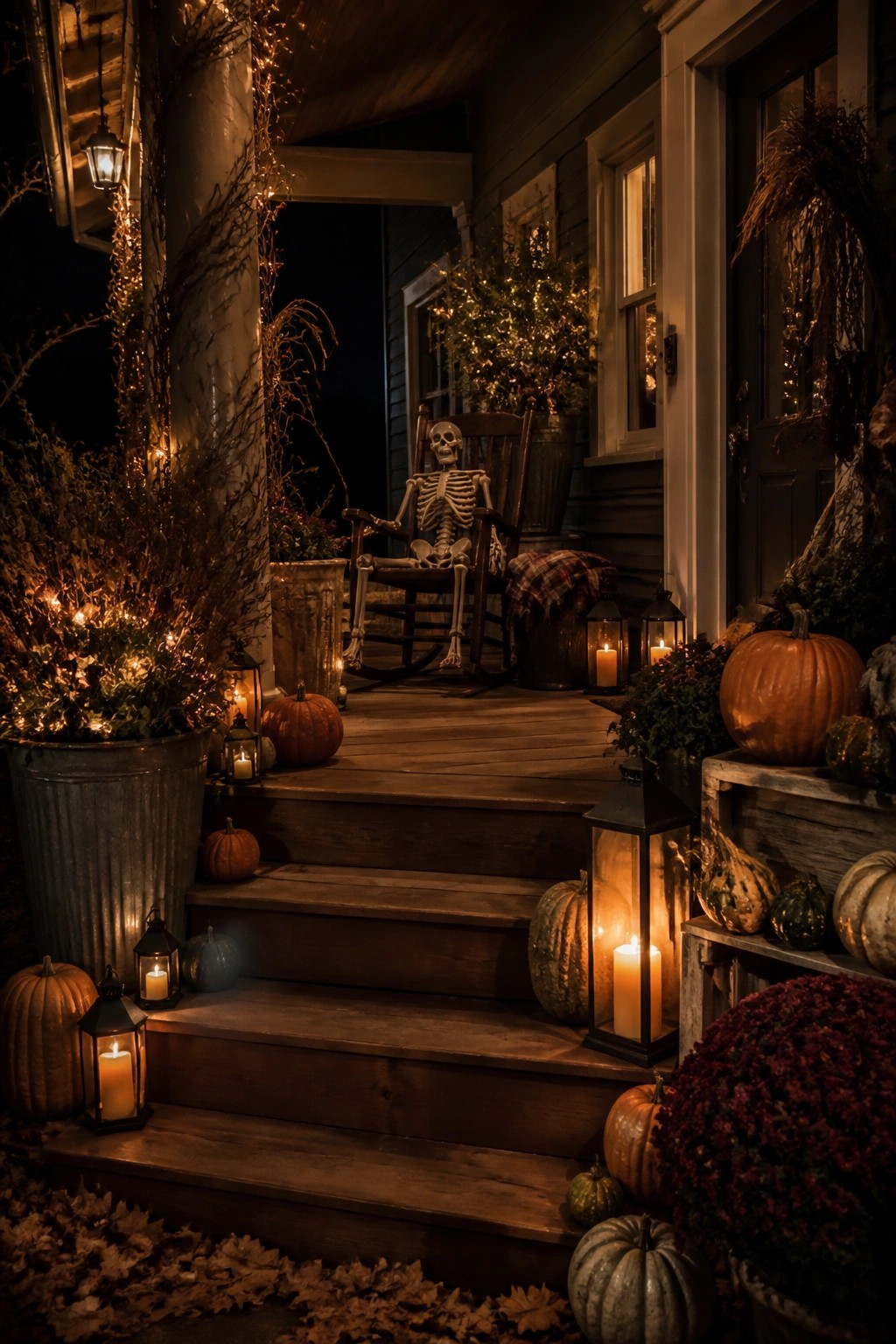 A skeleton seated in a wooden rocking chair on a wooden front porch at night, surrounded by pumpkins, lanterns, and autumn plants.